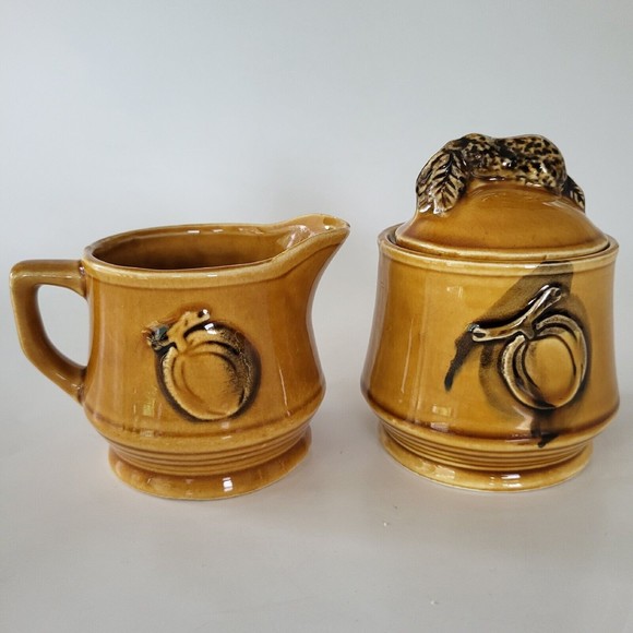 Vintage Autumn Gold Creamer and Sugar Bowl Embossed Fruit 1970s Japan - Picture 3 of 9